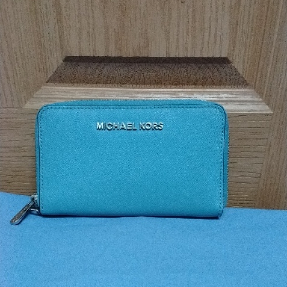 Michael Kors Sky Blue Zip Wallet with Silver Logo